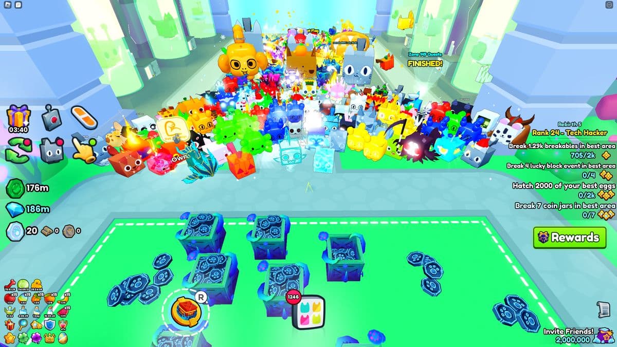 Roblox pet simulator player surrounded by colorful glowing pets collecting coins in a fantasy game world