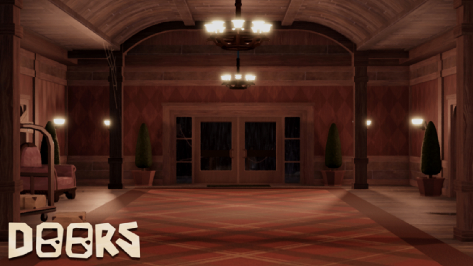 Roblox mystery door glowing inside a dark hallway as nervous multiplayer characters stand nearby