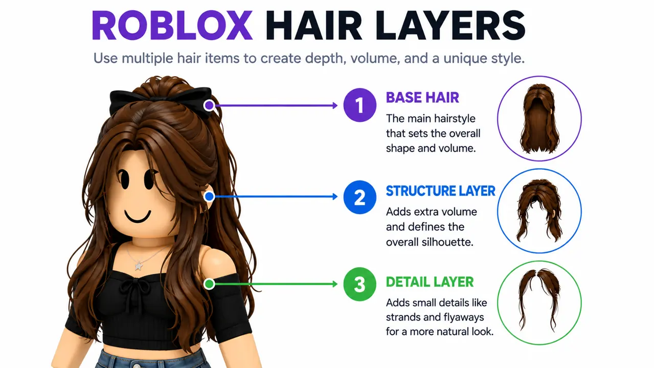 Roblox hair layers guide with base hair, structure layer, and detail layer examples.
