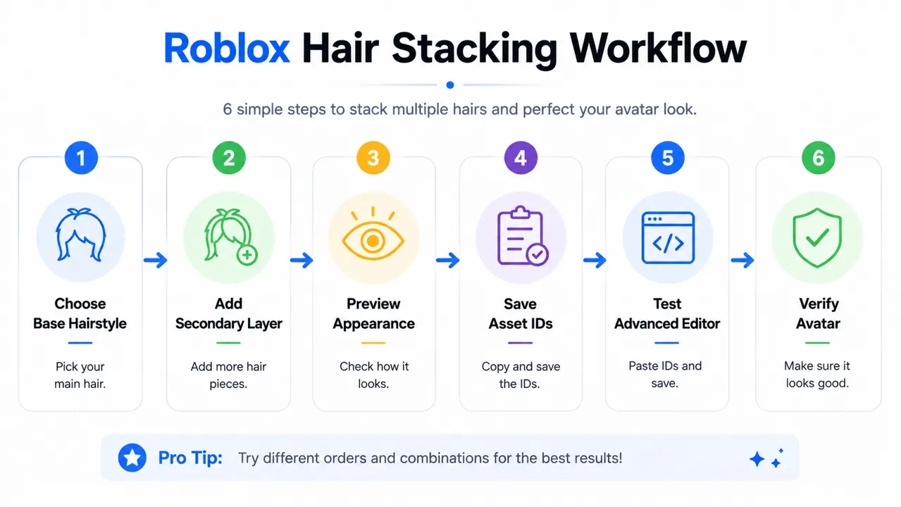 Roblox hair stacking workflow showing how to choose a base hairstyle, add a secondary layer, preview the appearance, save asset IDs, test the Advanced Editor, and verify the final avatar.