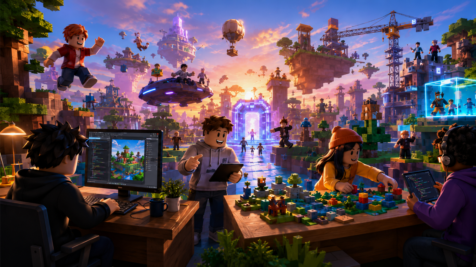 Children building and exploring a virtual Roblox world