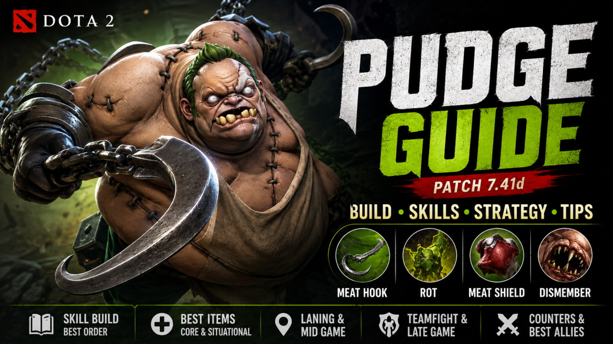 Dota 2 Pudge guide featured image showing Pudge with hook, skill icons, item tips, and Patch 7.41d strategy.
