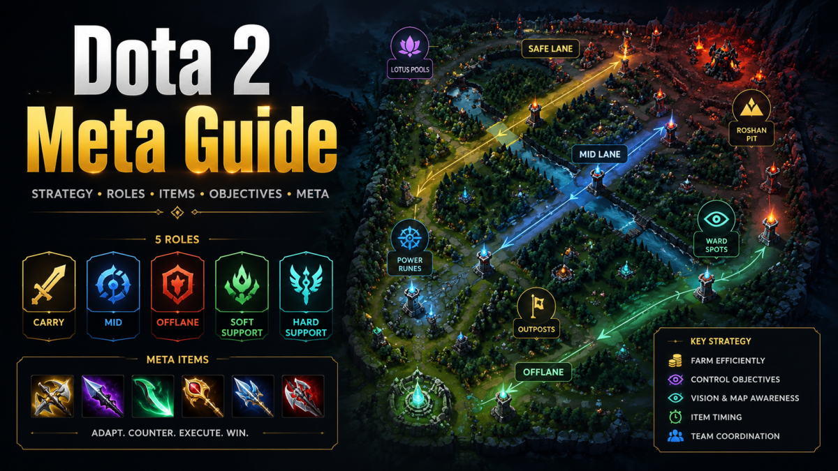 Dota 2 meta guide featured image showing role icons, lane strategy, item choices, and objective markers for low-rank players.