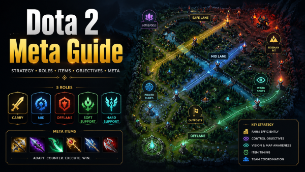 Dota 2 meta guide featured image showing role icons, lane strategy, item choices, and objective markers for low-rank players.