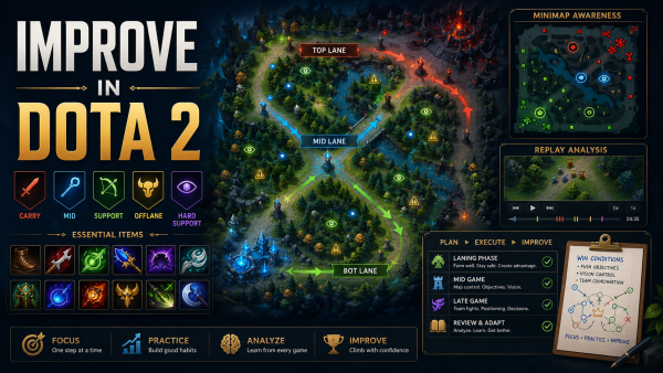 Dota 2 improvement guide featured image showing practice goals, replay review, hero pool, item choices, and map awareness tips.