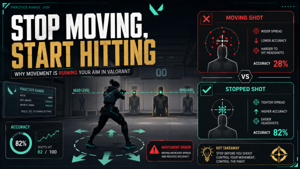 Valorant movement aim guide featured image showing movement arrows, crosshair placement, bullet spread, stopped shooting accuracy, and aim training tips.