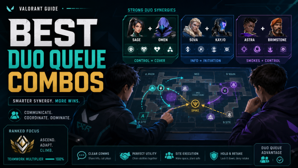 Valorant duo queue agent combos featured image showing two players planning ranked strategies with agent role icons, map control markers, utility synergy, and teamwork arrows.